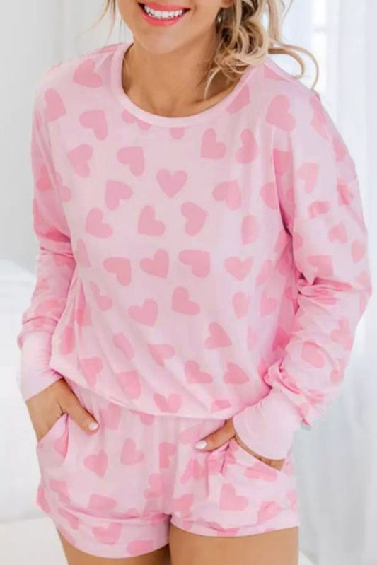 Pink Heart Shape Print Long Sleeve Top Shorts Lounge Set